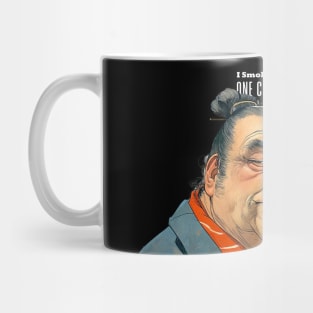 Puff Sumo Smoking a Cigar: "I Smoke Cigars in Moderation; One Cigar at a Time"  on a dark (Knocked Out) background Mug